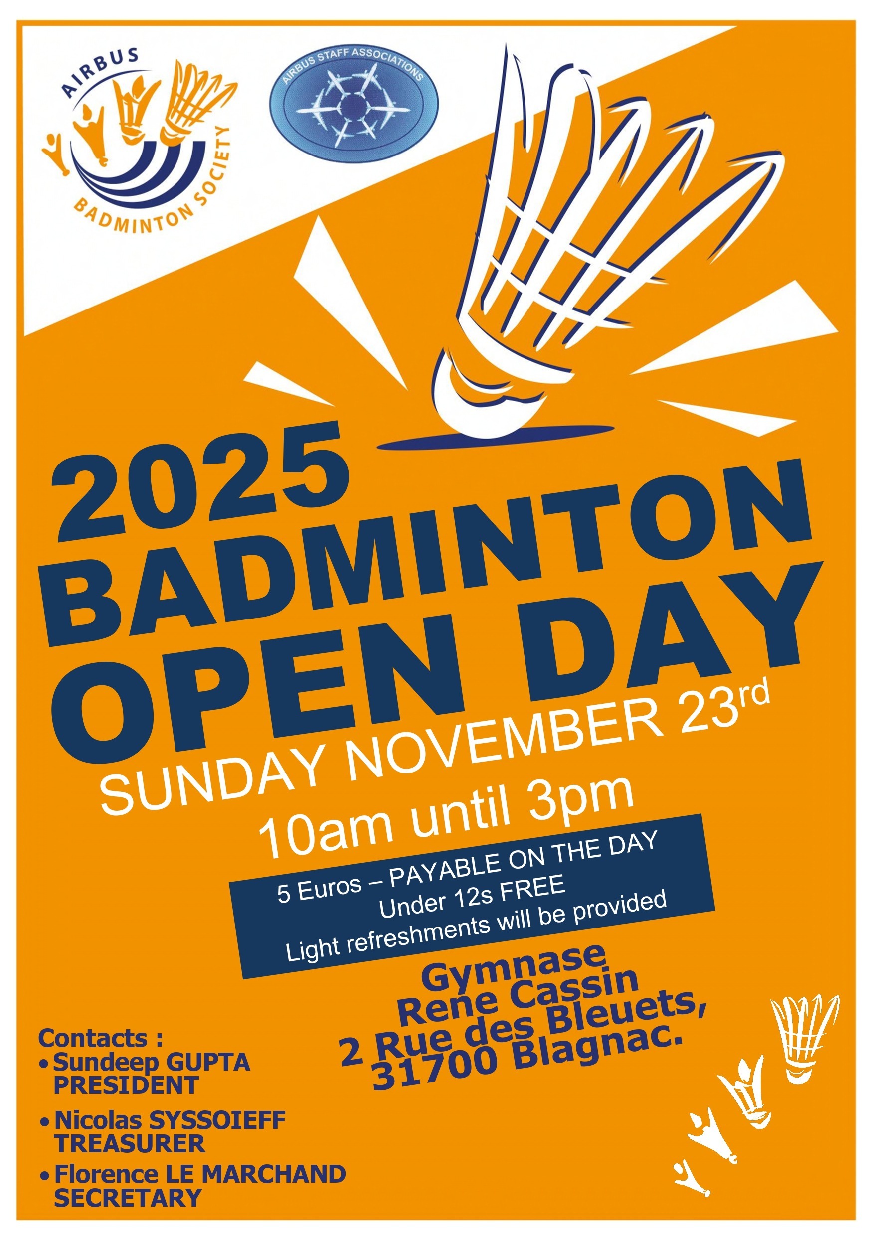 BADMINTON SOCIETY : RAPPEL de notre OPEN DAY Dimanche 23 NOVEMBRE
